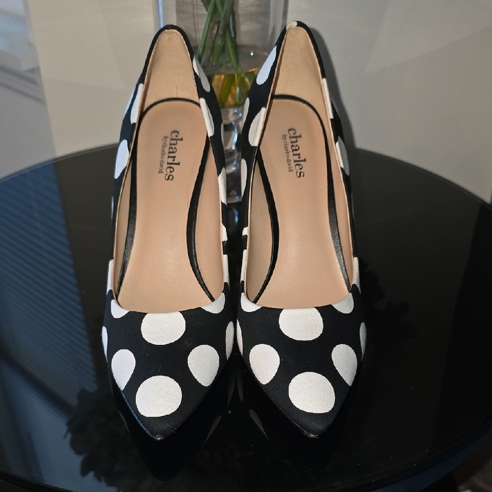 Charles By Charles David Black and White Polka Dot Heels